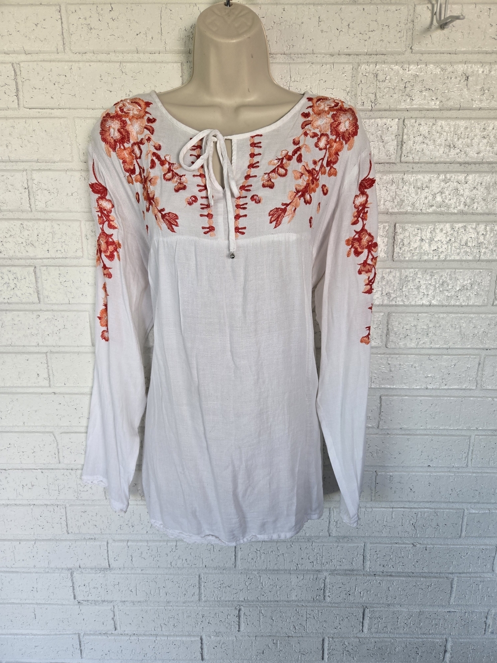 Passport White Tunic with Red-Orange Floral Embroidery #1217